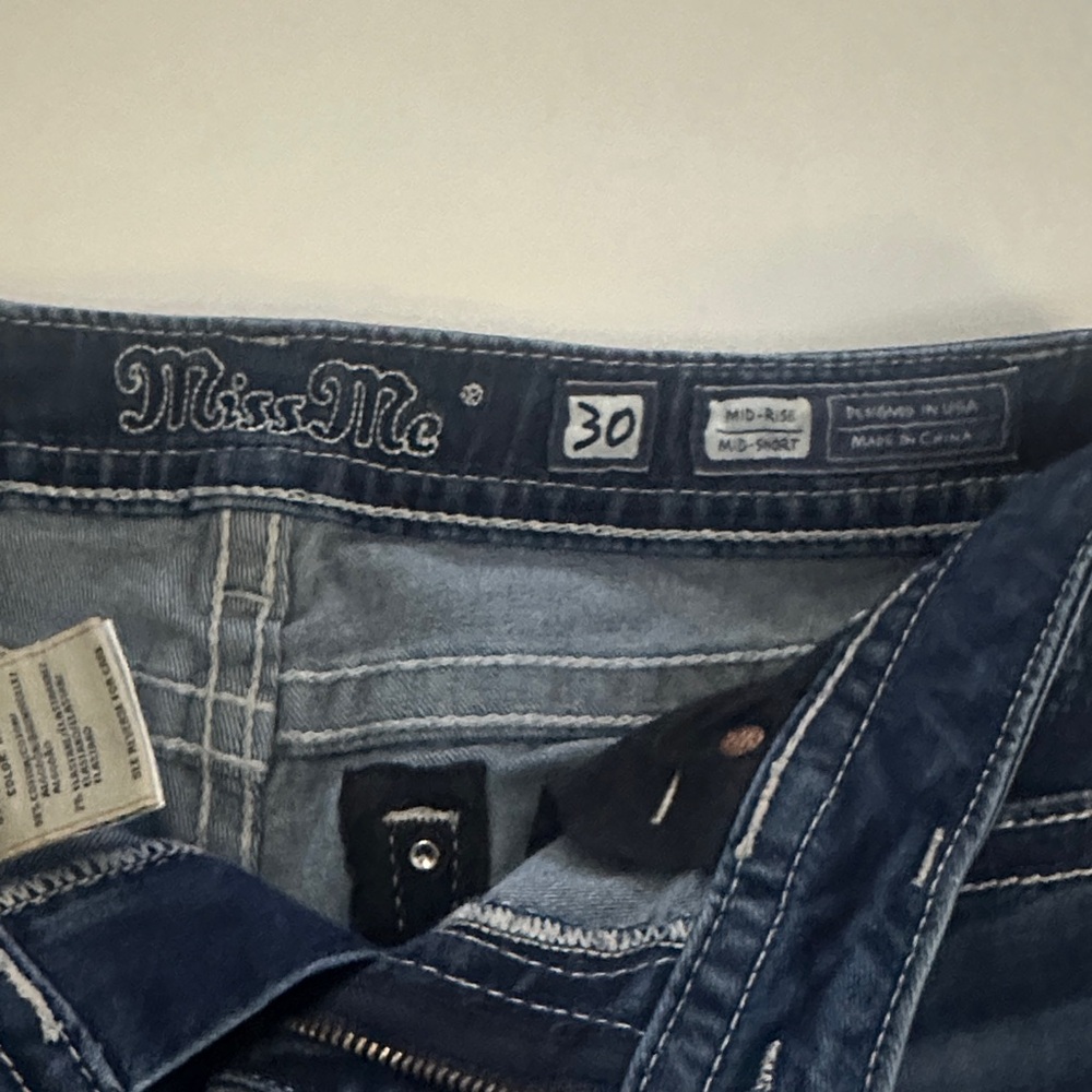 Miss Me Dark Blue Distressed Frayed Hem Jean Shorts - Picture 3 of 5